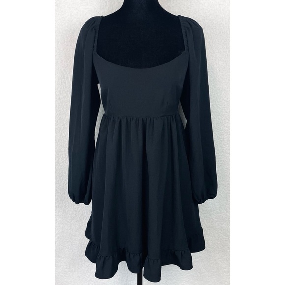 ABERCROMBIE & FITCH • Black Ruffle-Trim Long Sleeve Babydoll Mini Dress - Picture 12 of 16